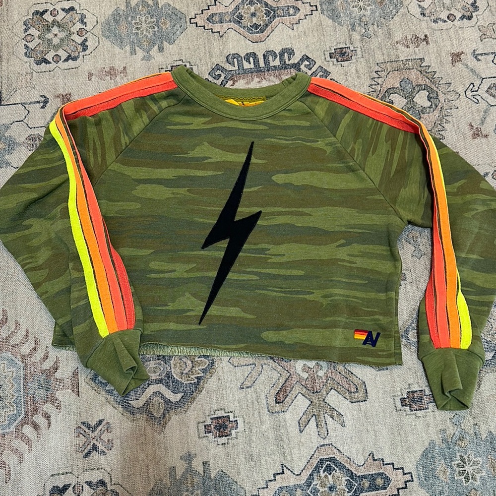 Aviator Nation Camo Sweatshirt with Black Lightning Bolt